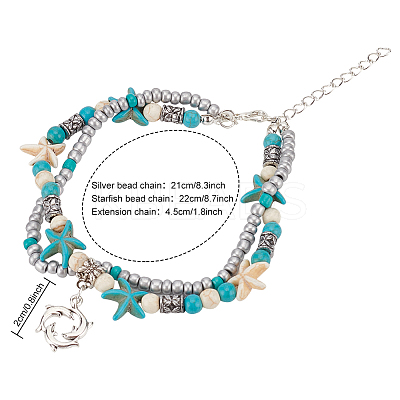 8Pcs 8 Style Synthetic Turquoise Starfish & Seed & Resin Beaded Double Layer Multi-strand Anklets Set AJEW-AN0001-03-1