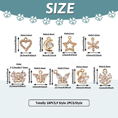 18Pcs 9 Style Brass Micro Clear Cubic Zirconia Pendants ZIRC-TA0001-18-1
