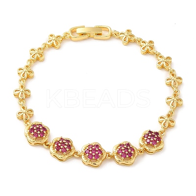Medium Violet Red Cubic Zirconia Flower Link Bracelet BJEW-M296-03G-1