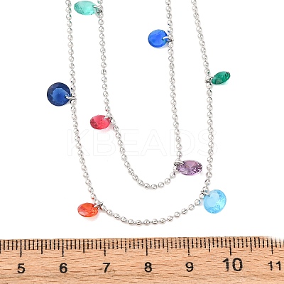 304 Stainless Steel Ball Chain Colorful Cubic Zirconia Flat Round Tassel Double Layer Necklaces for Women LS-NJEW-A051-05P-1
