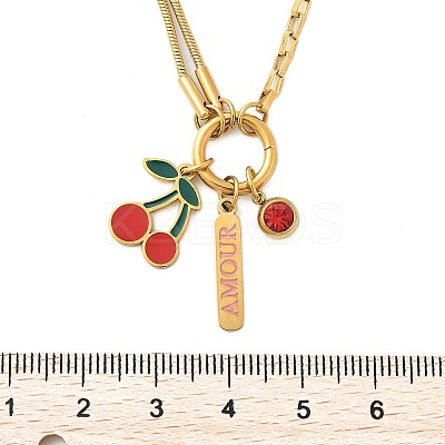 304 Stainless Steel Red Enamel and Siam Rhinestone Cherry Pendant Necklaces for Women NJEW-M091-02G-1