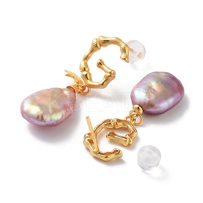 Oval Rectangle Natural Pearl Stud Earrings for Women EJEW-E303-40G-1
