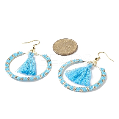 Glass Seed Braided Ring & Polycotton Tassel Dangle Earrings EJEW-MZ00051-1