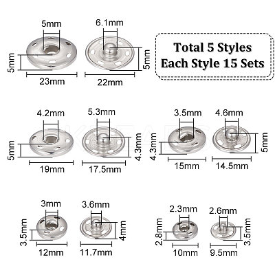 75 Sets 5 Style 202 Stainless Steel Snap Buttons BUTT-UN0001-20-1