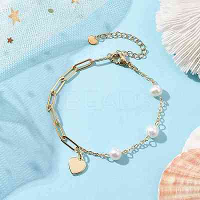 Natural Cultured Freshwater Pearl Beads Paperclip Chains Heart Charm Bracelets with Lobster Claw Clasps for Women BJEW-JB10192-1