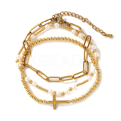 3Pcs Cross 304 Stainless Steel & Imitation Pearl Beaded Stretch Bracelet Sets PU8639-1-1