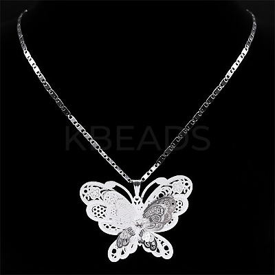 201 Stainless Steel Crystal Rhinestone 3D Hollow Butterfly Pendant Necklaces for Women NJEW-K283-30P-1