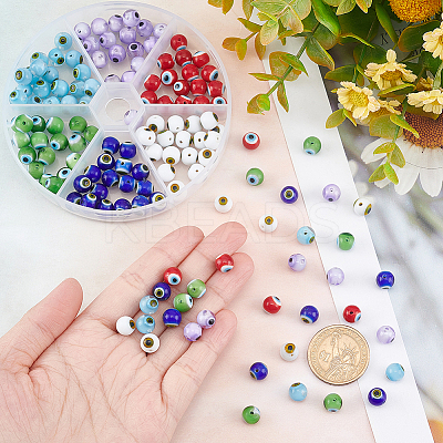 144Pcs 6 Colors Handmade Evil Eye Lampwork Round Bead LAMP-NB0001-76B-1