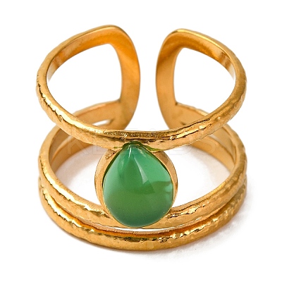 Teardrop Natural Dyed & Heated Green Onyx Agate Finger Rings RJEW-Q822-11G-1