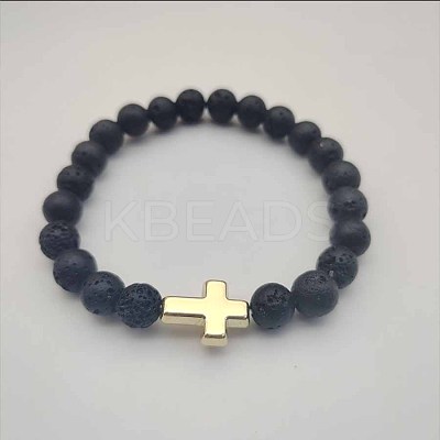 Round Natural Lava Rock Beaded Stretch Bracelets UB6566-1-1