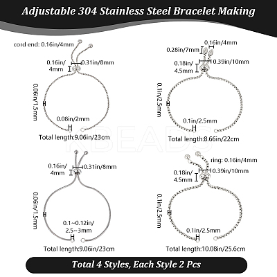 8Pcs 4 Style Adjustable 304 Stainless Steel Bracelet Making STAS-BBC0004-65-1