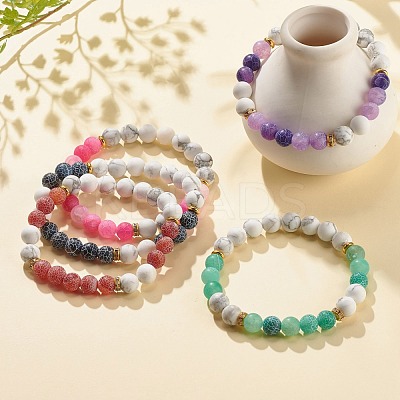 5Pcs 5 Color Natural Weathered Agate(Dyed) & Howlite Round Beaded Stretch Bracelets Set BJEW-JB08087-1
