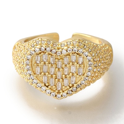 Rack Plating Heart Brass Clear Cubic Zirconia Wide Open Cuff Rings RJEW-S411-12G-01-1