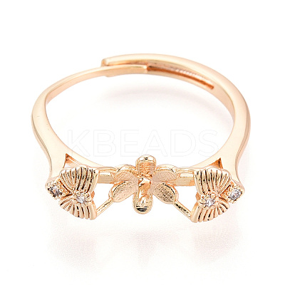 Flower & Bowknot Brass Micro Pave Clear Cubic Zirconia Adjustable Ring Settings KK-T076-78G-1