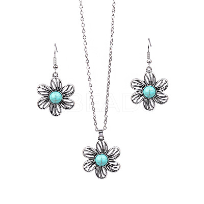 Synthetic Turquoise Pendant Necklaces & Dangle Earrings Sets WGE96E9-02-1