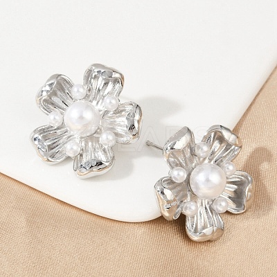 Flower Brass ABS Imitation Pearl Stud Earrings EJEW-M082-08P-1