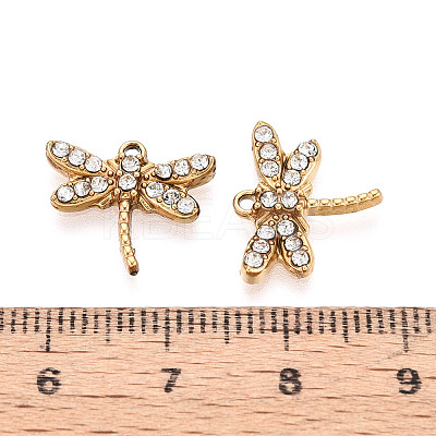 304 Stainless Steel and Crystal Rhinestone Dragonfly Charms STAS-T072-62G-1