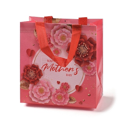 Mother's Day Theme Printed Flower Non-Woven Reusable Folding Gift Bags with Handle ABAG-F009-C01-1