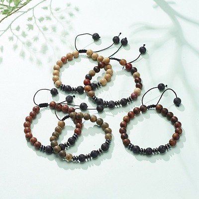 Natural Lava Rock & Wood Braided Bead Bracelet BJEW-JB08537-1