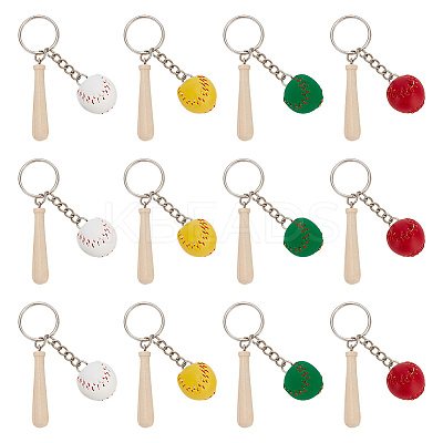 12Pcs 4 Colors Mini Baseball PU Leather Pendant Keychain with Wood Baseball Bat DIY-OC0011-25-1