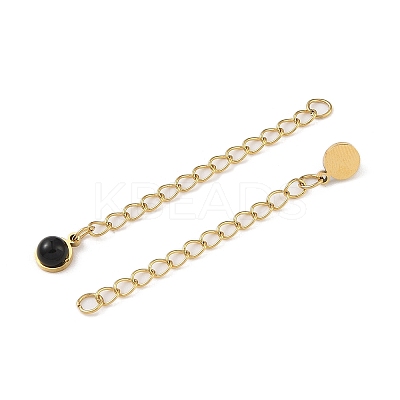 Ion Plating(IP) 316 Surgical Stainless Steel Curb Chain Extender with Natural Black Agate Round Charm STAS-A097-01G-06-1