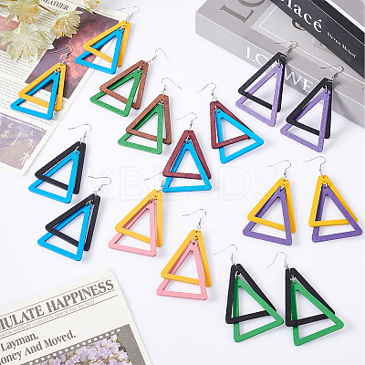 8 Pairs 8 Colors Wood Double Triangle Dangle Earrings with Iron Pins EJEW-AN0004-46-1