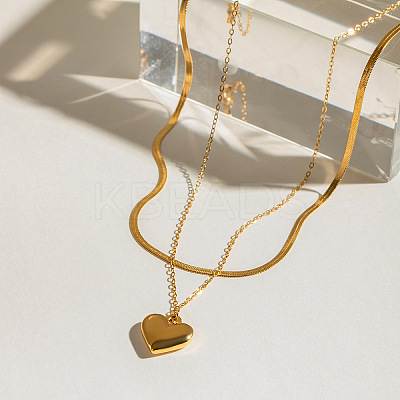 304 Stainless Steel Heart Pendant Double Layered Necklaces for Women NJEW-V012-02G-1