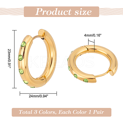 3Pairs 3 Colors Real 18K Gold Plated 304 Stainless Steel Huggie Hoop Earrings with Cubic Zirconia EJEW-PH0001-27-1
