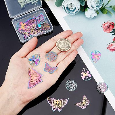 32Pcs 4 Style Ion Plating(IP) 201 Stainless Steel Filigree Pendants STAS-NB0001-20-1