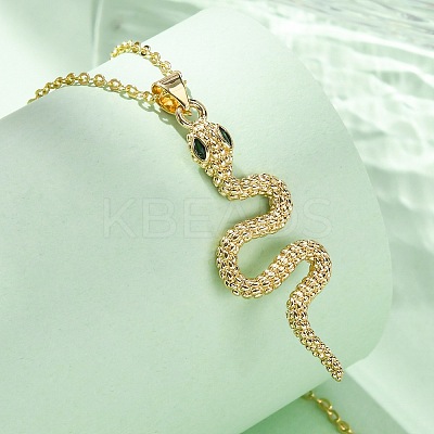 Brass Micro Pave Green Cubic Zirconia Snake Pendant Necklaces NJEW-S438-02E-G-1