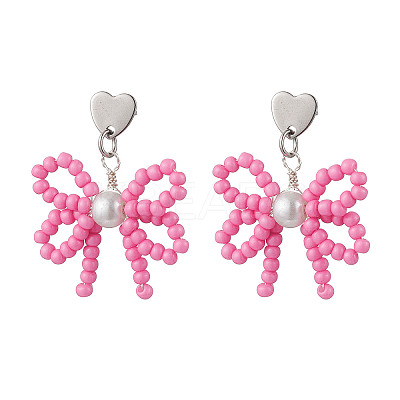 Heart with Bowknot Handmade Glass Seed Beads Dangle Stud Earrings EJEW-MZ00474-04-1