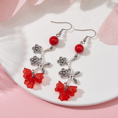 Natural Dyed Mashan Jade Flower with Acrylic Beaded Dangle Earrings EJEW-JE05419-02-1