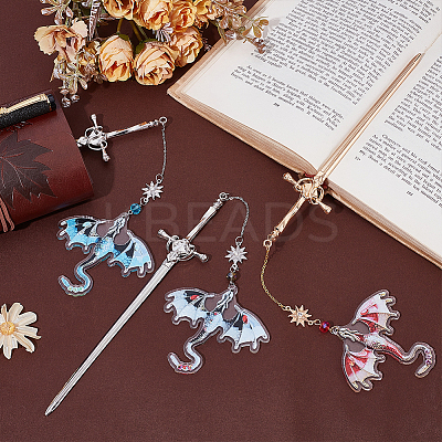 3Pcs 3 Colors Acrylic Dragon with Zinc Alloy Sword Pendant Bookmarks HJEW-UN00080-1