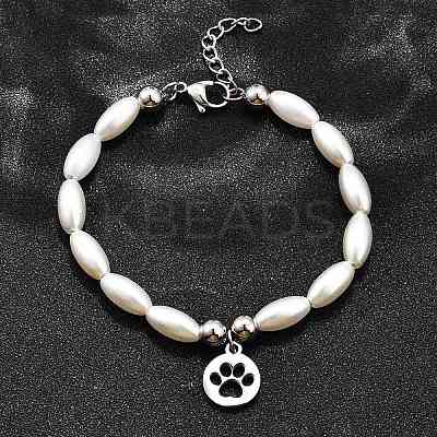304 Stainless Steel Flat Round with Paw Print Charm Bracelets for Women BJEW-C098-11P-1