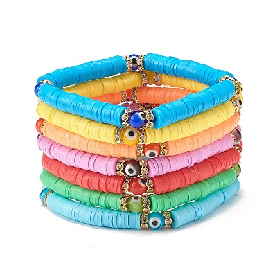 7Pcs 7 Colors Polymer Clay Heishi Sufer Stretch Bracelets Set with Evil Eye BJEW-SZ0002-21-1