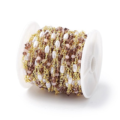 Brass Glass Bead Link Chains with ABS Imitation Pearl Beads CHS-P016-39G-05-1