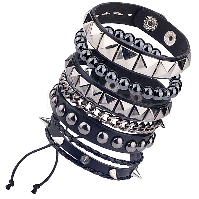 4Pcs 4 Styles Punk Style Hematite Round Beaded Stretch Bracelets & Rivets Bracelets  with Alloy Braided Bead Bracelets & Imitation Leather Bangles for Men Women BJEW-WH20002-09B-1