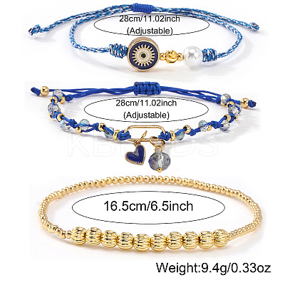 3Pcs 3 Styles Brass & Glass Beads Charm Bracelet Set EY6397-1-1