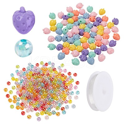 380Pcs Strawberry & Round Acrylic Beads with 1 Roll Clear Elastic Crystal Thread DIY-LS0001-08-1