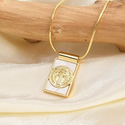 Brass Pave Shell Rectangle Saint Benedict Medal Pendants Necklaces for Women LS-NJEW-Z053-01G-01-1
