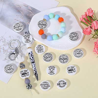 18Pcs 9 Style Flat Round with Word Food Grade Eco-Friendly Printed Silicone Focal Beads SIL-SZ0001-31-1