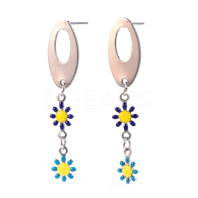 Oval with Flower Enamel Long Dangle Stud Earrings EJEW-N049-05C-1