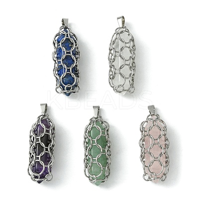 Natural Mixed Stone Stainless Steel Ring Wrapped Pointed Pendants PALLOY-JF02496-02-1