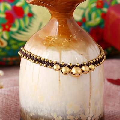 Ethnic Style Brass Bell Charm Braided Waxed Cord Adjustable Anklets for Women FS-WG2B00D-01-1