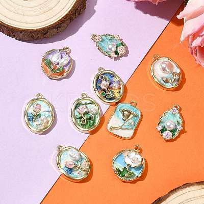 10Pcs 10 Styles Light Gold Tone Alloy Enamel Pendants ENAM-FS0003-82-1