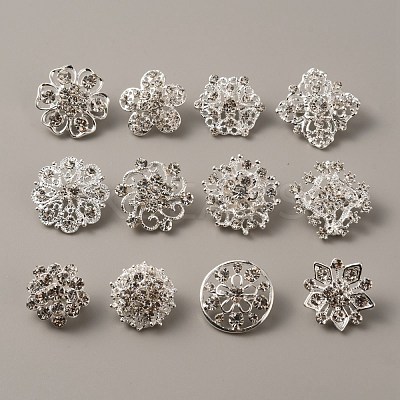 12Pcs 12 Style Rhinestone Flower Safety Pin Brooch JEWB-WH0029-25S-1