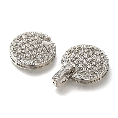 Rack Plating Flat Round Brass Micro Pave Clear Cubic Zirconia Fold Over Clasps KK-H512-08P-1