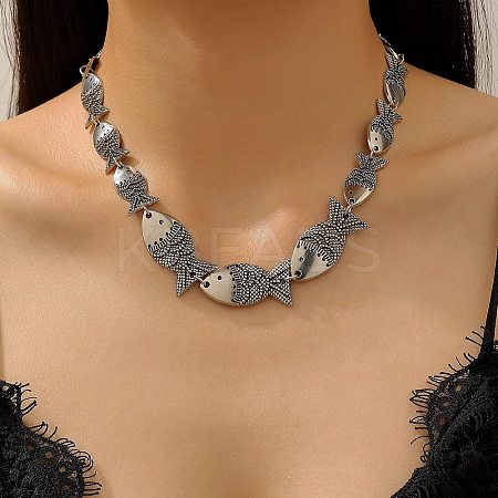 Tibetan Style Alloy Graduated Fish Link Chain Necklaces for Women NJEW-C102-01AS-1