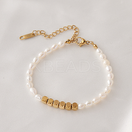 Fashionable Natural Freshwater Pearl & Cube Stainless Steel Beaded Bracelets for Women IP4798-2-1