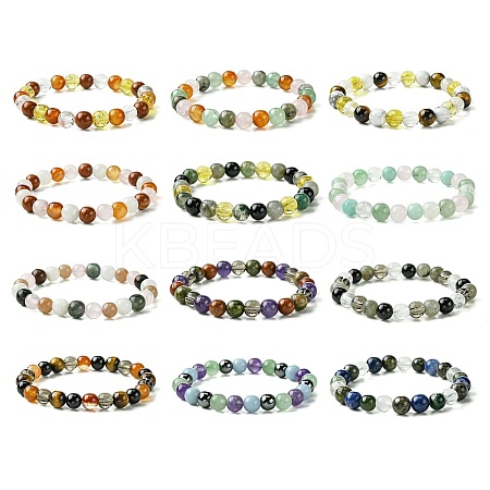 12Pcs 12 Styles Constellation Mixed Gemstone Round Beaded Stretch Bracelet Sets BJEW-JB10910-1